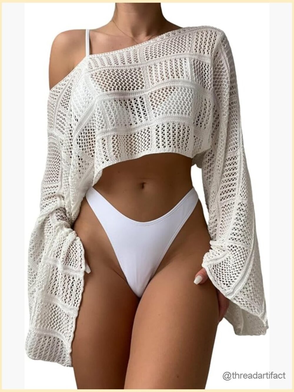 Hollow Out Crop Bikini Cover Up Long Sleeve Crochet Sheer Swimsuit Cover